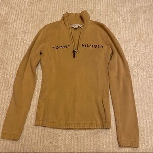 Y2K tan tommy hilfiger quarter zip sweater ribbed